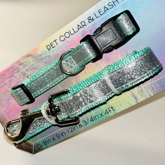 Coco Lane Couture Dog Collar & Leash Set Mint Green w/ Silver Glitter Size Small - Picture 9 of 12